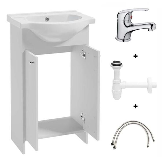 Kylpyhuonesarja: kaappi pesualtaalla 50 valkoinen + Diana hana ja sifoni