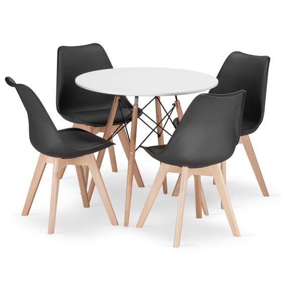 TODI pyöreä pöytä 80 cm, valkoinen, 4 MARK-tuolia, musta