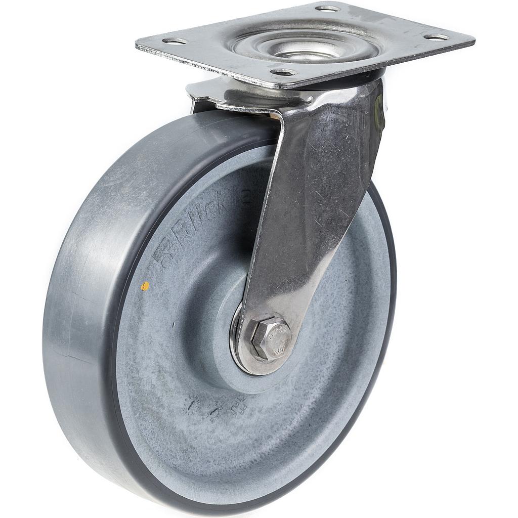 200 mm:n ruostumattomasta teräksestä valmistettu kääntyvä pyörä, jossa on harmaa sähköä johtava termoplasia