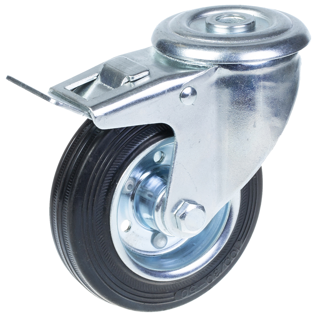 100 mm:n kääntyvä/jarrullinen kääntöpyörä, jossa on musta kumi puristetun teräksen keskipyörällä.