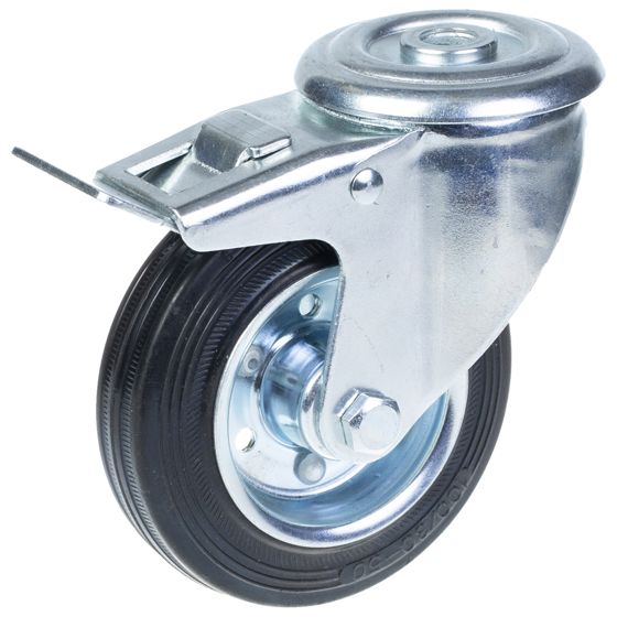100 mm:n kääntyvä/jarrullinen kääntöpyörä, jossa on musta kumi puristetun teräksen keskipyörällä.