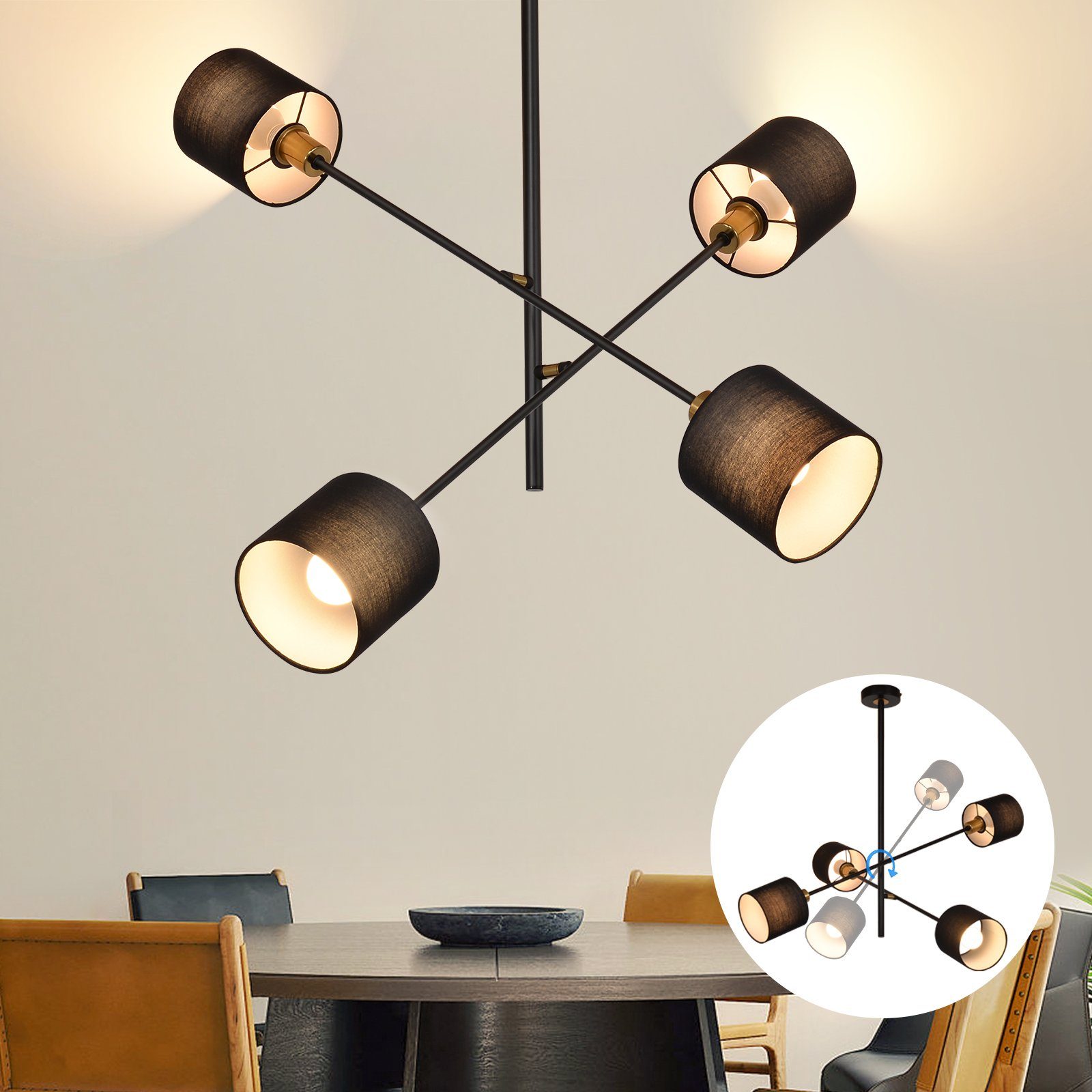 NETTLIFE musta, metallinen, riippuvalaisin, E14 max. 25W, halkaisija, 85cm, 4 lamppua, lampunvarjostin, olohuoneen, ruokailuhuoneen, lamppu Vintage