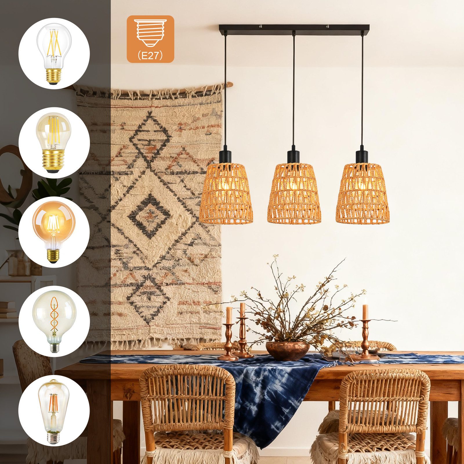 NETTLIFE riippuvalaisin retro boheemi rottinki-riippuvalaisin, korkeussäädettävä, 3-lamppuinen, E27