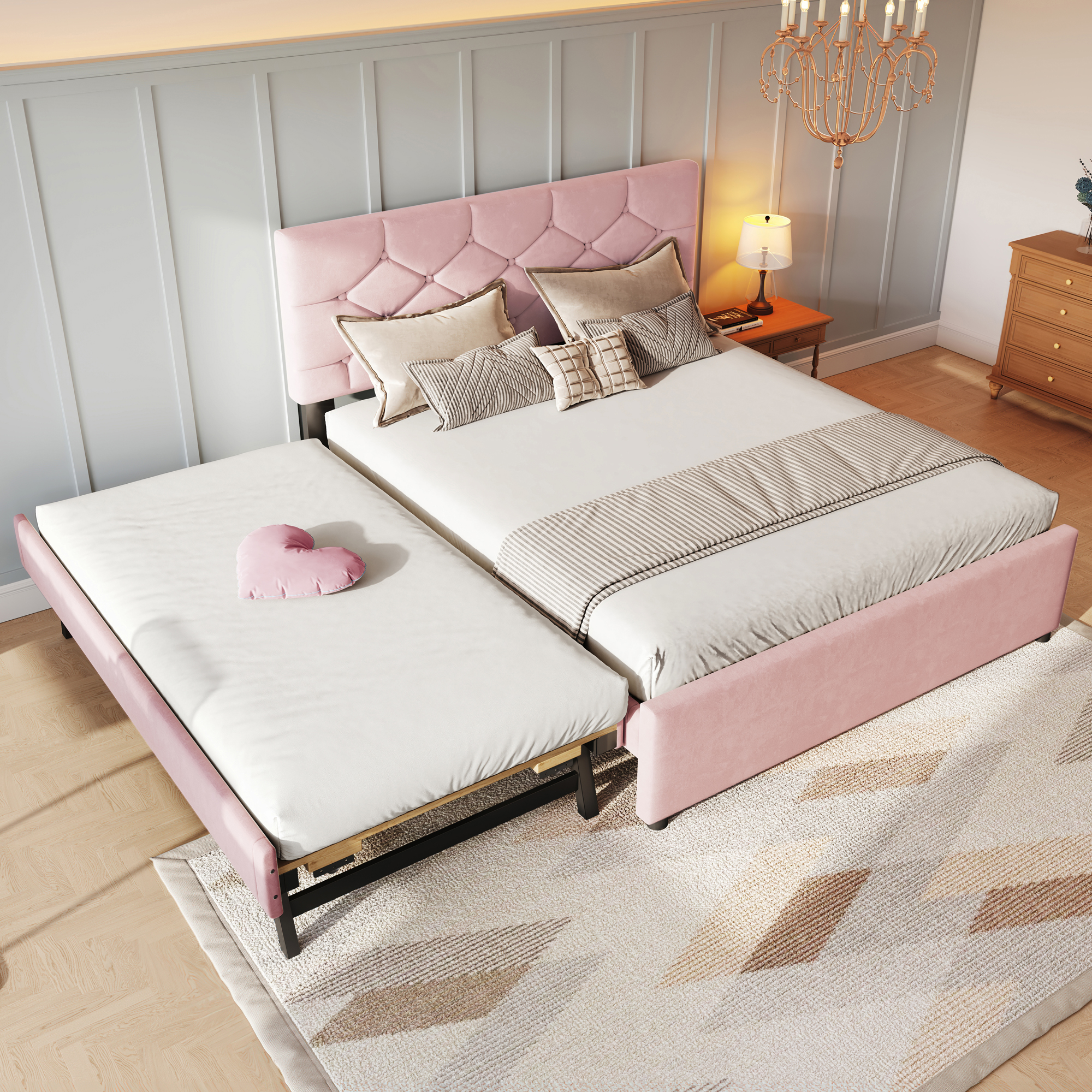 Verhoiltu sänky 140x200 cm, sälepohjalla ja pyörillä varustetulla säilytyskalusteella, pinkki