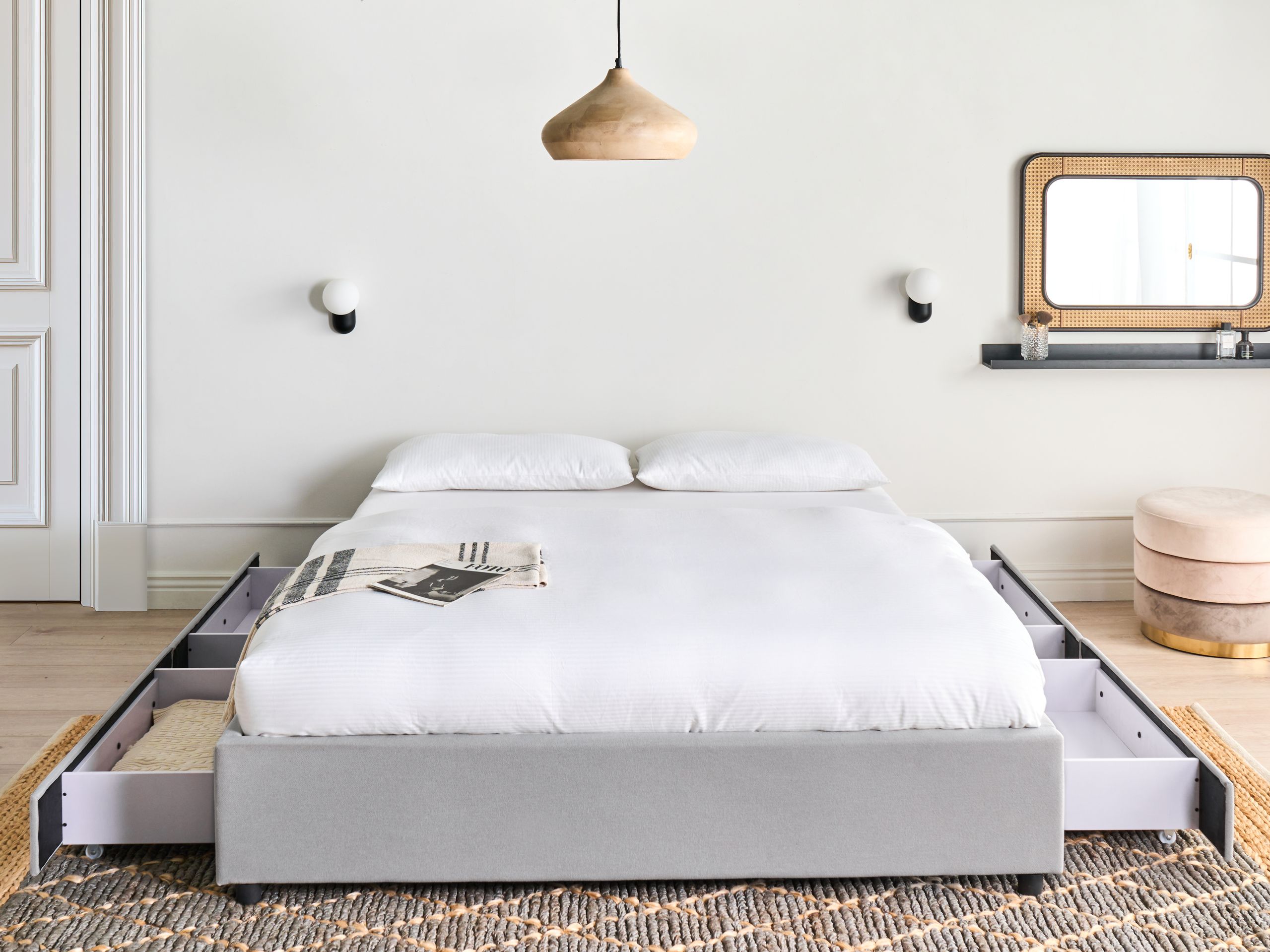 Sänky säilytyslaatikoilla ilman sängynpäätyä kangas PRADES 140 x 200 cm Vaaleanharmaa