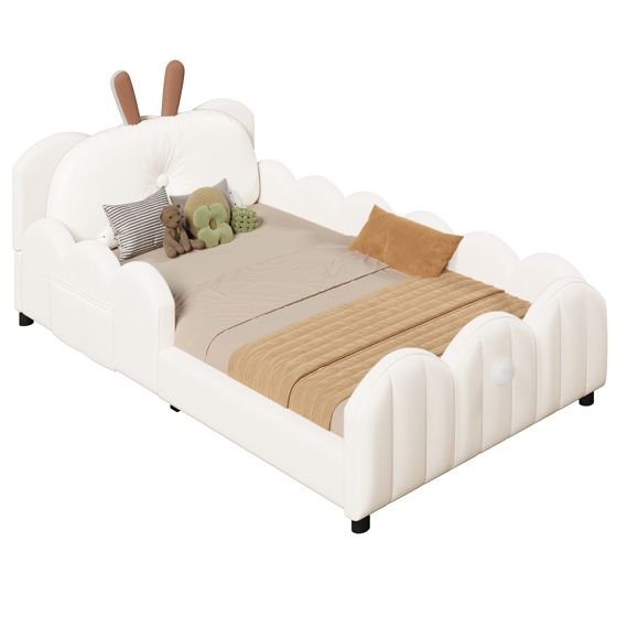 Sängynrunko 90x200, yhden hengen vuode, kaninmuotoisella tyynyllä, verhoiltu, beige