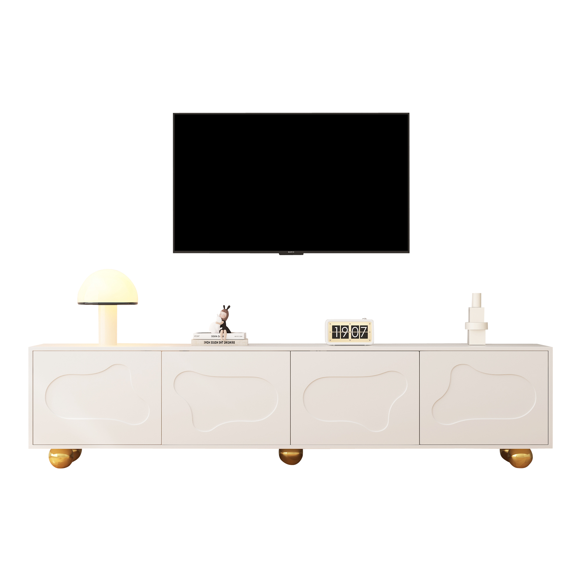 TV-taso 180x40x45 cm valkoinen lastulevy säilytyksellä ja pilvimuotoisilla ovilla