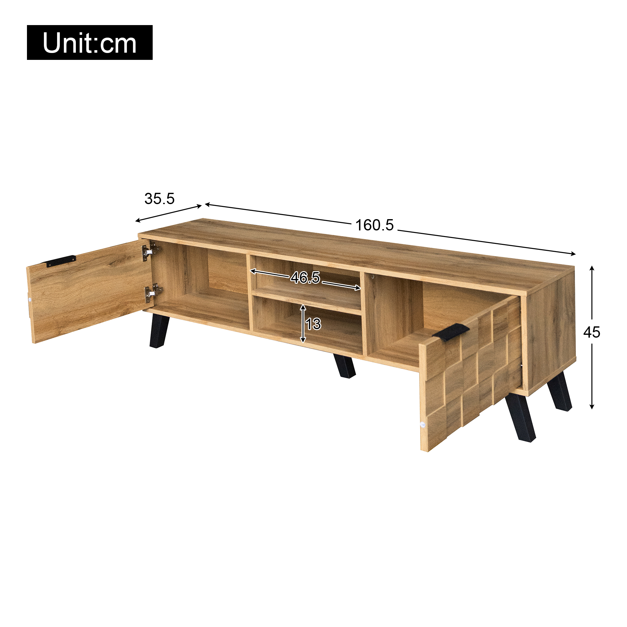 TV-taso 160x35x45 cm puinen moderni säilytyksellä ja avohyllyillä