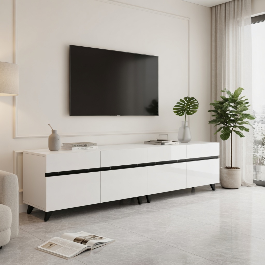 TV-taso 180x40x49 cm valkoinen MDF säilytyksellä ja verstellbarilla tukiseinillä