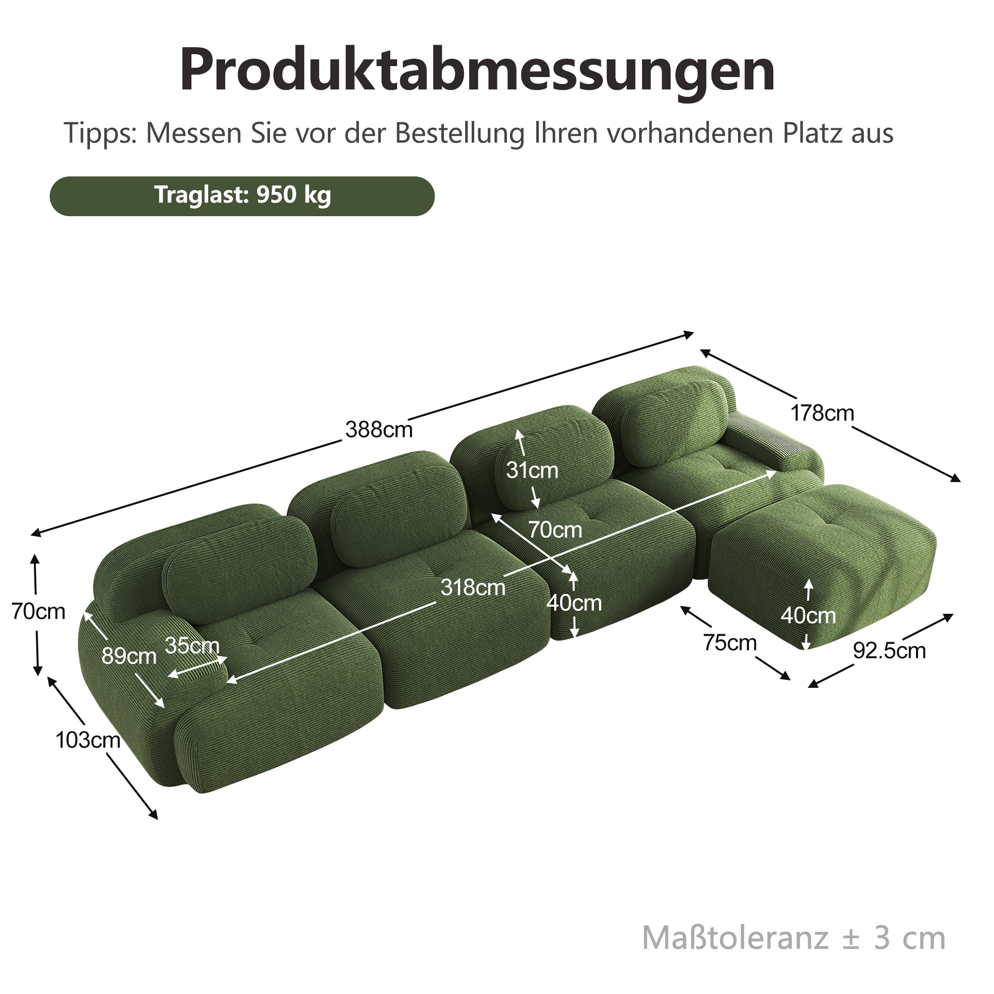moduulisohva 4-paikkainen vihreä korduroy skandinaavinen säädettävä