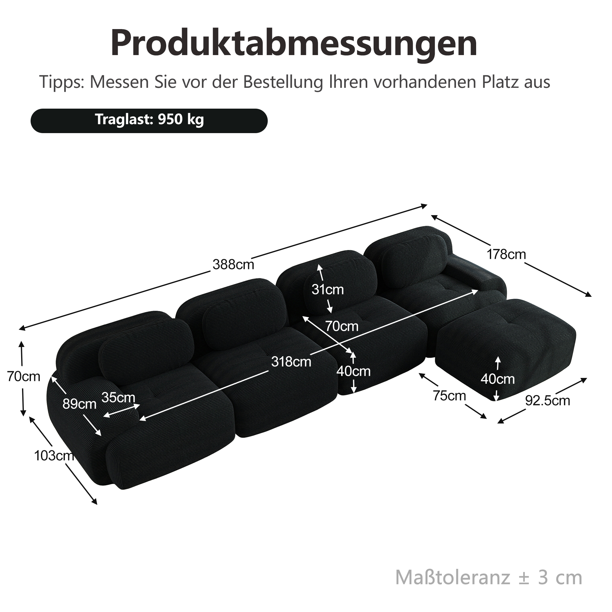 moduulisohva 4-paikkainen musta korduroy skandinaavinen säädettävä