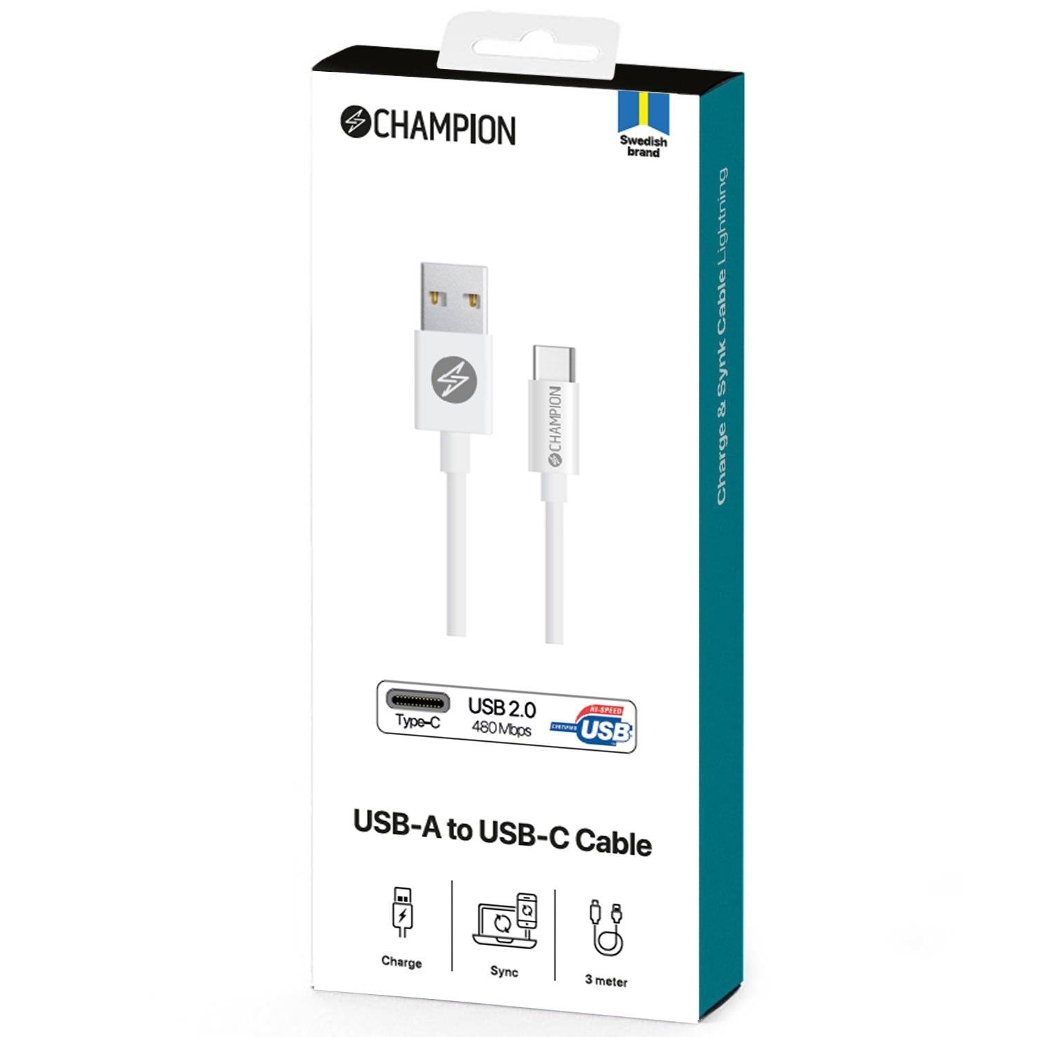 USB-A-USB-C-kaapeli 3 m valkoinen