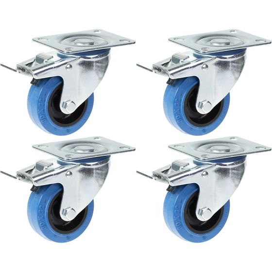 80mm 3" sininen kumi pyörivä kääntöpyörä jarrulla vahva 560kg kantavuus, 4 kpl:n sarja.