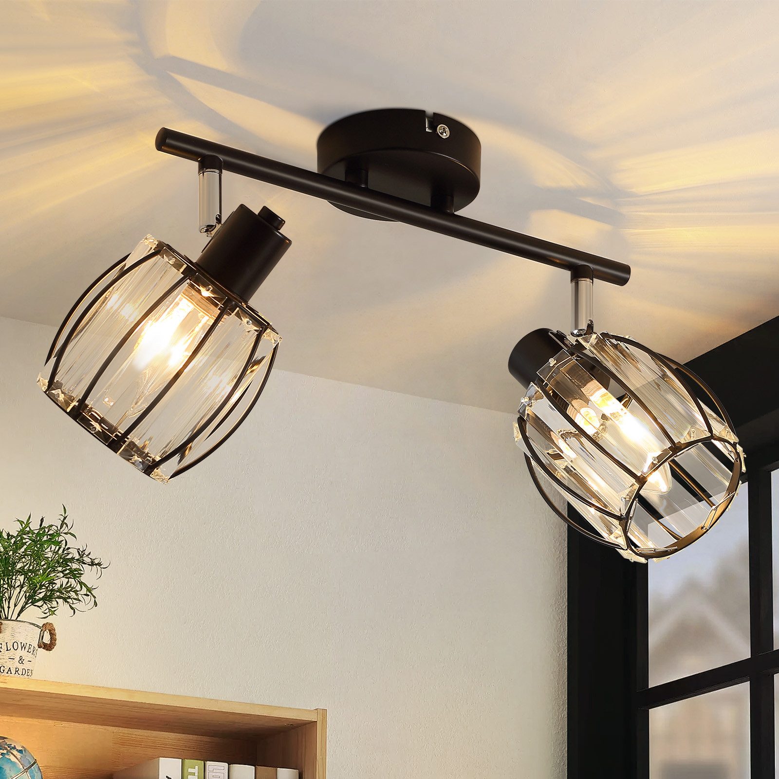 NETTLIFE 2- lamppuinen vintage - tyylinen musta kristallikattokohdake E14 teolliseen käytävään, 350° kääntyvä