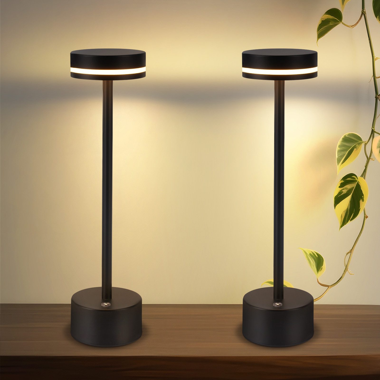 NETTLIFE LED-pöytävalaisin, langaton & himmennettävä. USB-C-ladattava, kosketusohjaus. Musta, 2 kpl. Sopii makuuhuoneeseen ja toimistoon