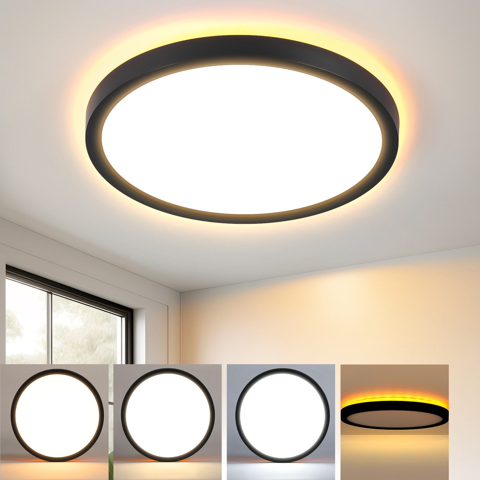 NETTLIFE musta, litteä, LED - kattovalaisin, 22cm, 18W, himmennettävä, makuuhuoneeseen ja Keittiöön, 3000K - 6500K