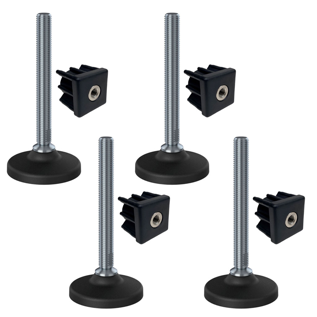 Ruostumattomat tasoitusjalat 16x150 muovinen pohja + insertit 40x40x16 2.0mm - 4 kpl