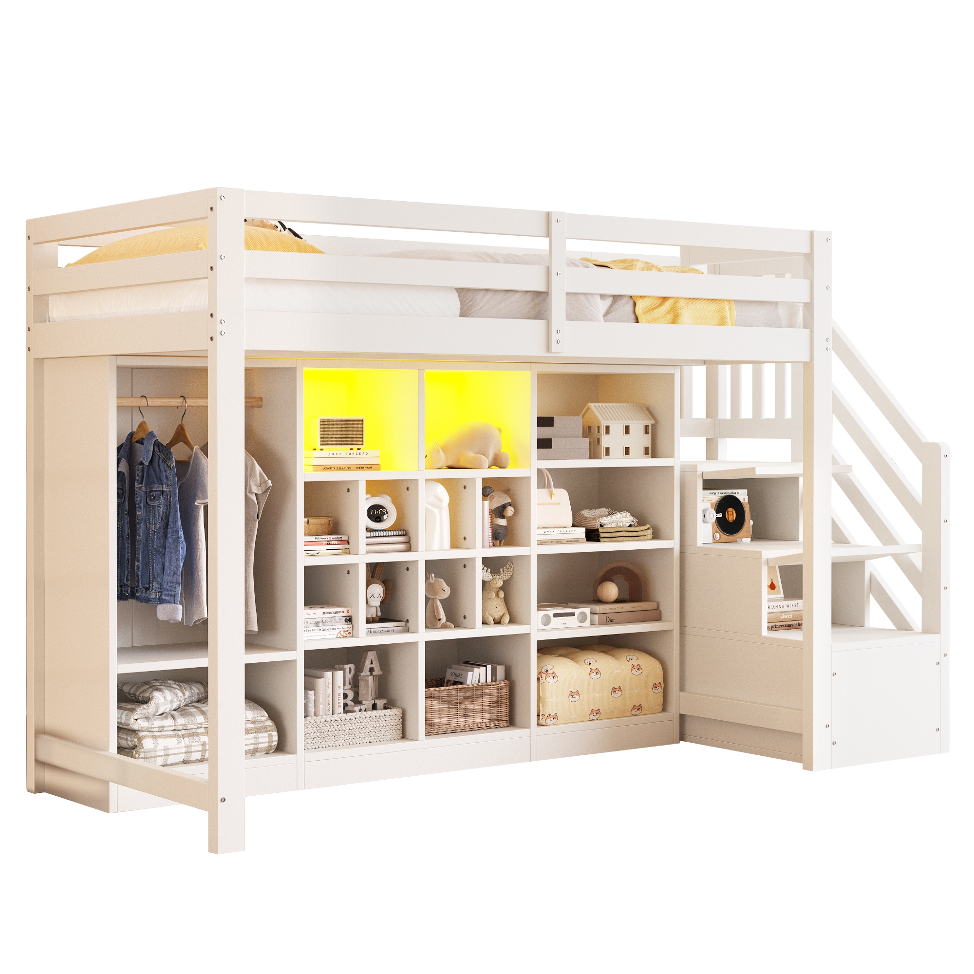 Parvisänky, 90x200 cm, kaapit, vaatekaapit, LED, sivutikkaat, valkoinen