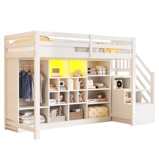 Parvisänky, 90x200 cm, kaapit, vaatekaapit, LED, sivutikkaat, valkoinen