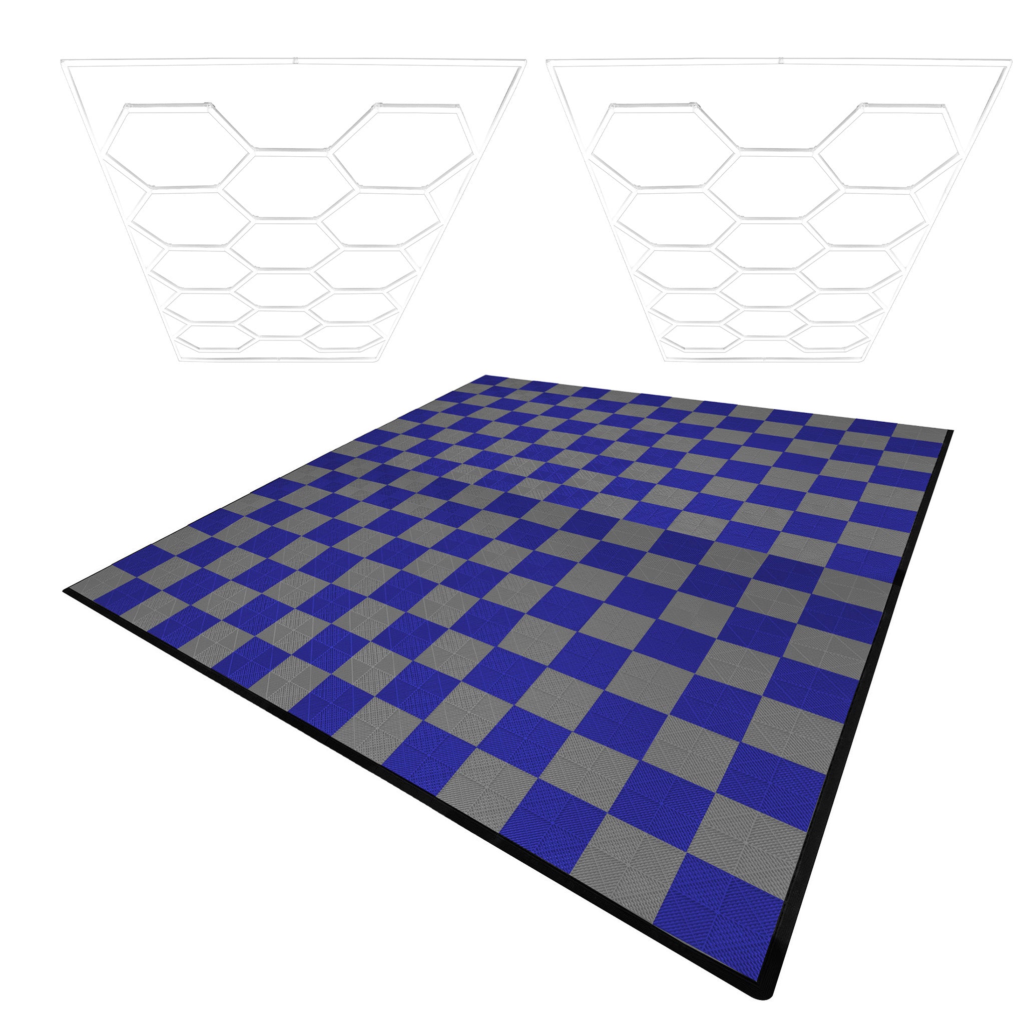Kuusikulmainen LED-valo x 2 ja ritilälattialaatat autotallin reunoilla 120 harmaa ja 120 sininen