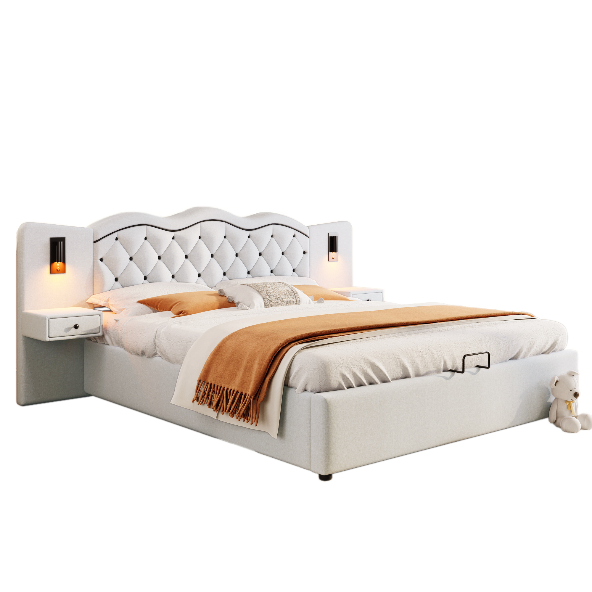 sänky 180x200 cm hydraulinen nostomekanismi säilytystila usb-liitännät beige kangas