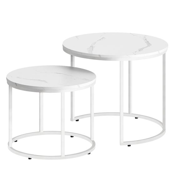 Pyöreä sohvapöytäsetti (2 kpl), marmori, valkoiset jalat