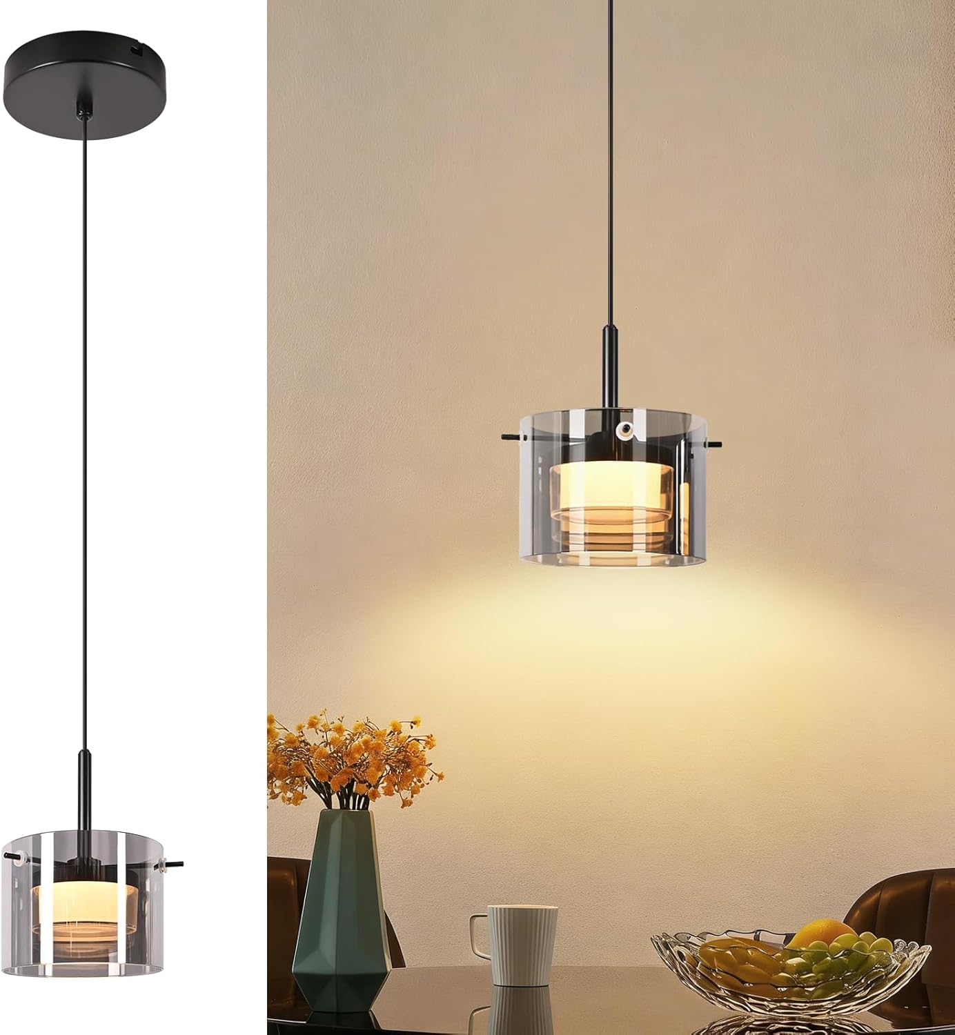 Nettlife 1-lamppuinen LED-lasiriippuvalaisin, moderni kattokruunu säädettävällä korkeudella (140 cm) ruokapöydälle, olohuoneeseen, keittiöön