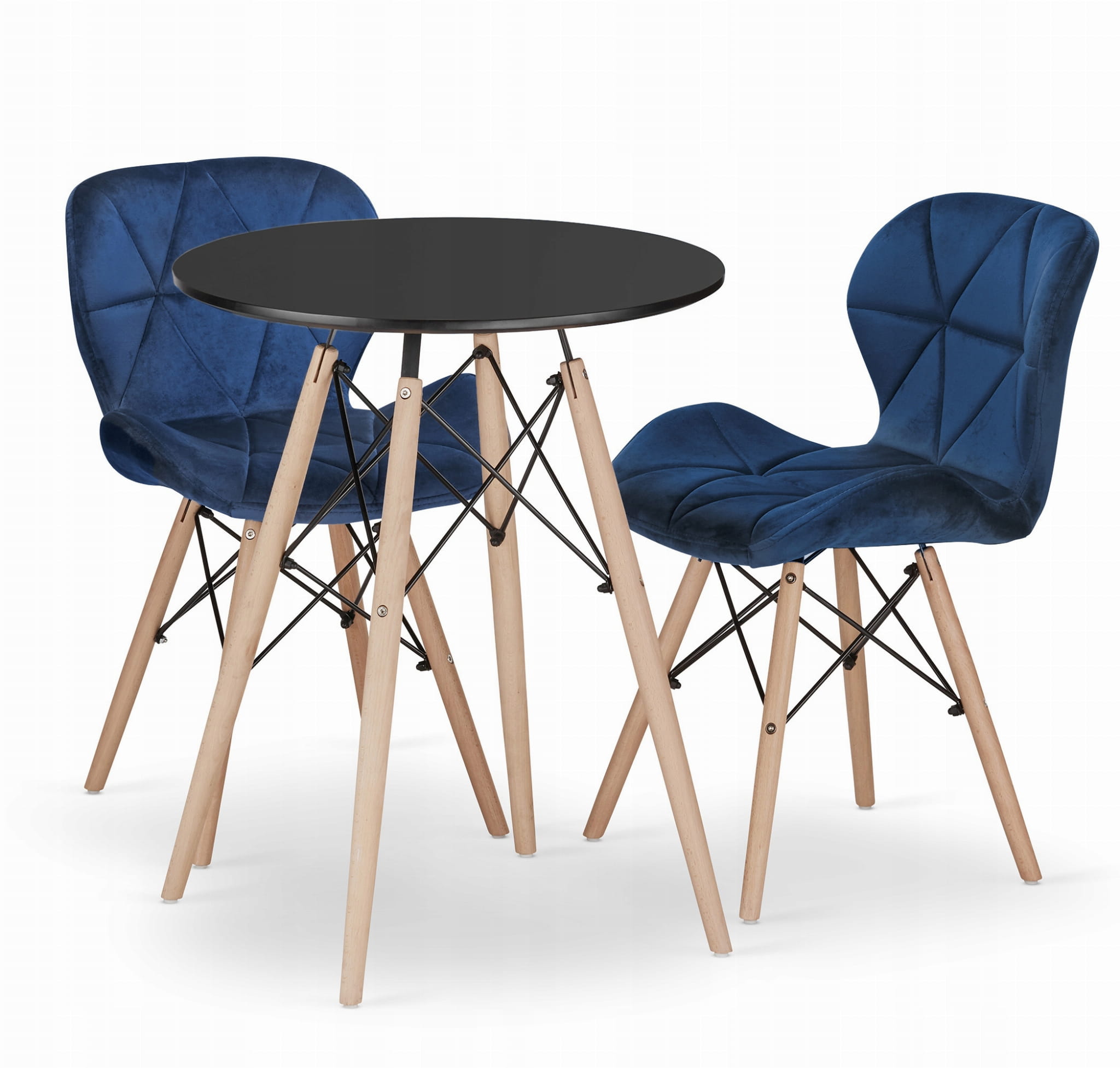 TODI 60 pyöreä pöytä, musta, 2 LAGO-tuolia, tummansininen