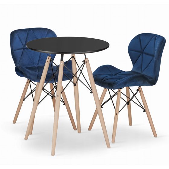 TODI 60 pyöreä pöytä, musta, 2 LAGO-tuolia, tummansininen