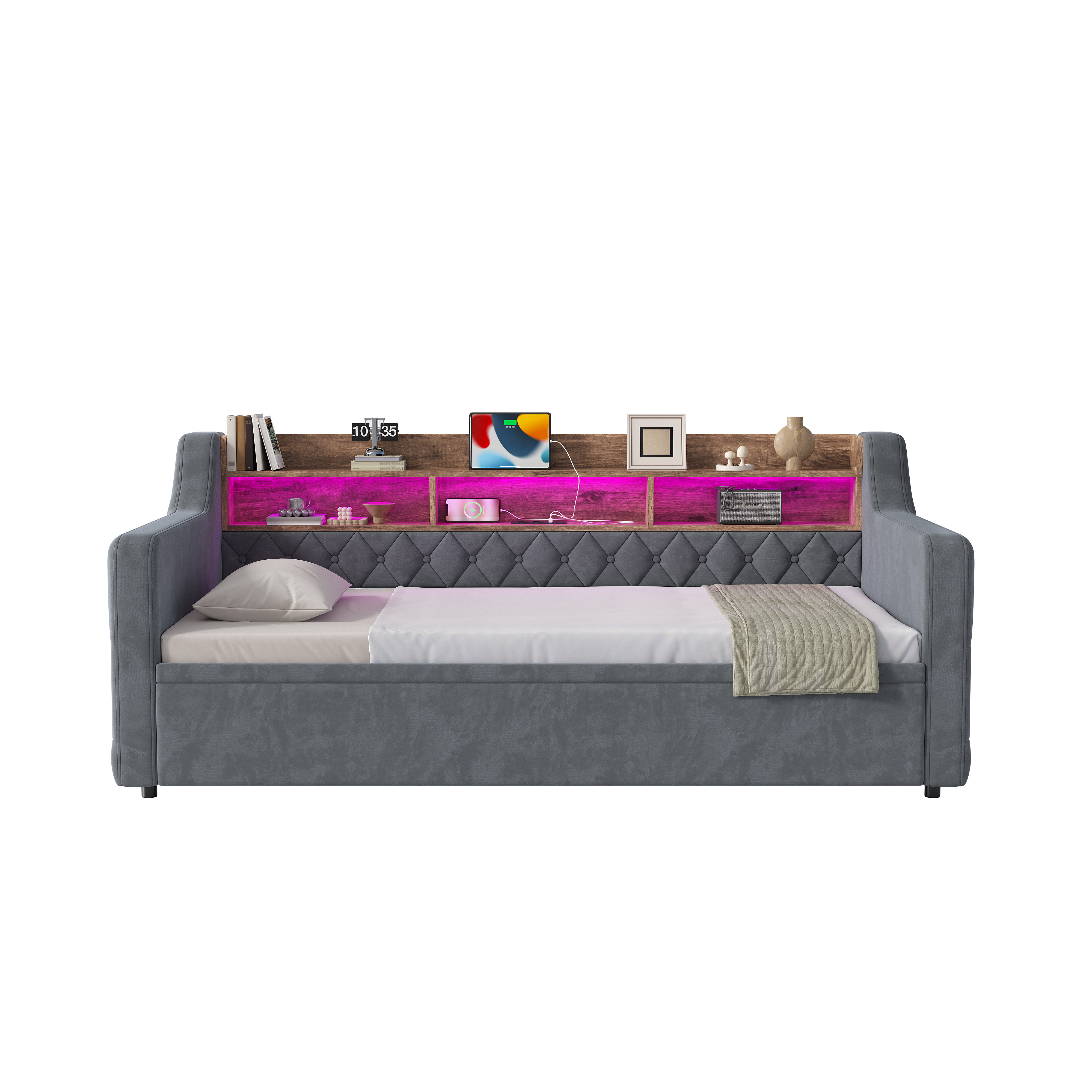 sänky 90x190 cm ulkoiset käsinojat säilytystila puukopuilla LED-valaistus USB ja Type-C tummanharmaa samettia