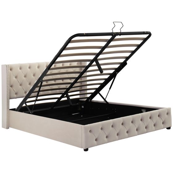 140x200 cm verhoiltu sängynrunko, tuplakorva niittikoristelu, beige