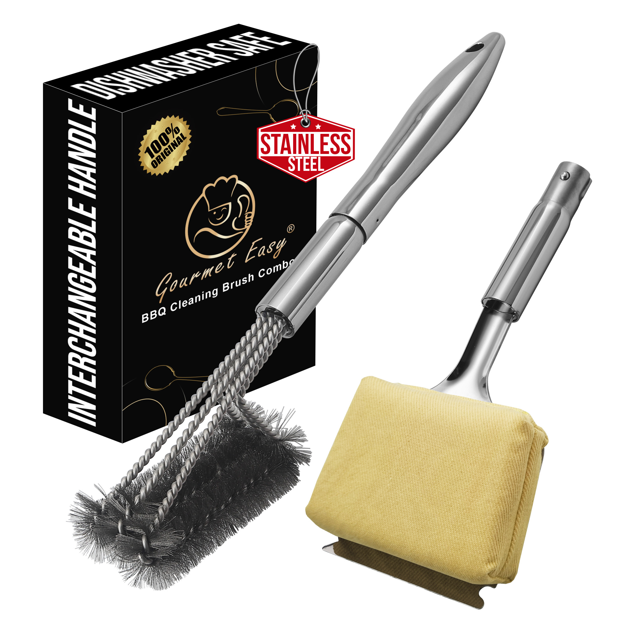 Gourmet Easy 2-IN-1 grilliharjan puhdistussarja, vaihdettava grilliharja ja parilalan kaavin (keltainen)