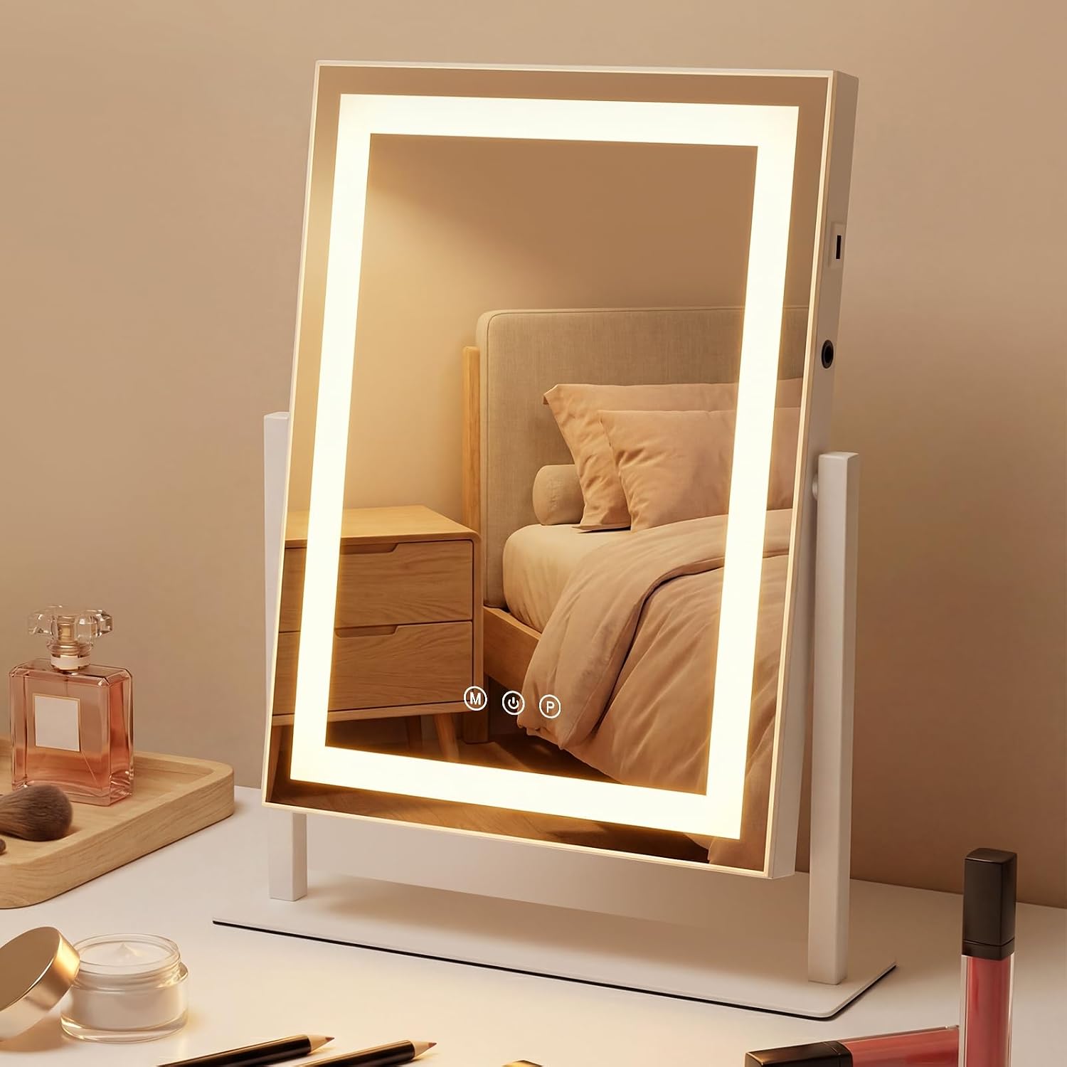 NETTLIFE Hollywood LED-meikkauspeili 30x40 cm, kosketusohjattava himmennettävä pöytäpeili, 3 valotilaa, tyylikäs meikkauspeili