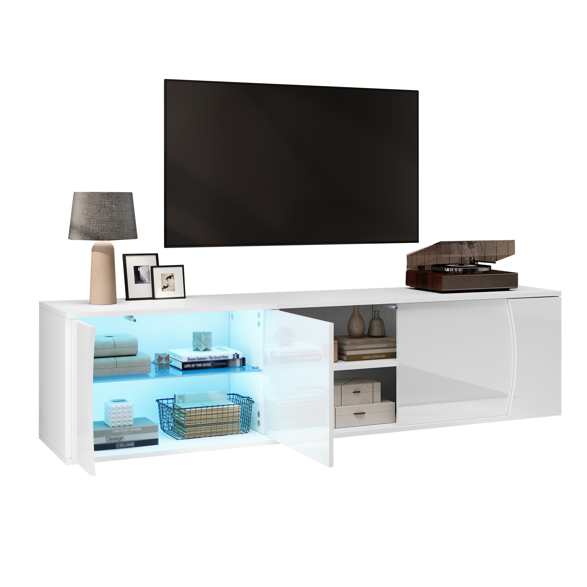 TV-taso 180x40x45 cm valkoinen lastulevy säilytyksellä ja LED-valaistuksella