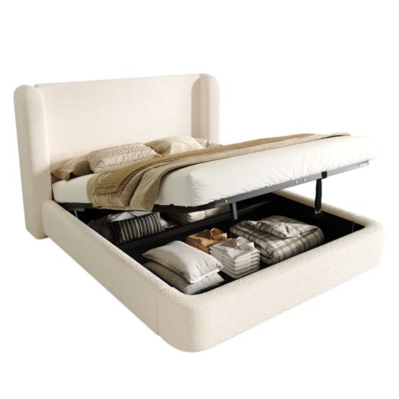 sänky 180x200 cm hydraulinen säilytystila, beige bouclé, metallirunko ja puu
