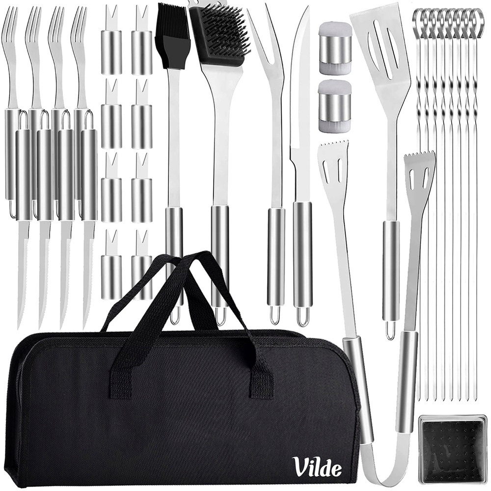 Teräksinen grillausvälinesetti kotelolla, 33 osaa.