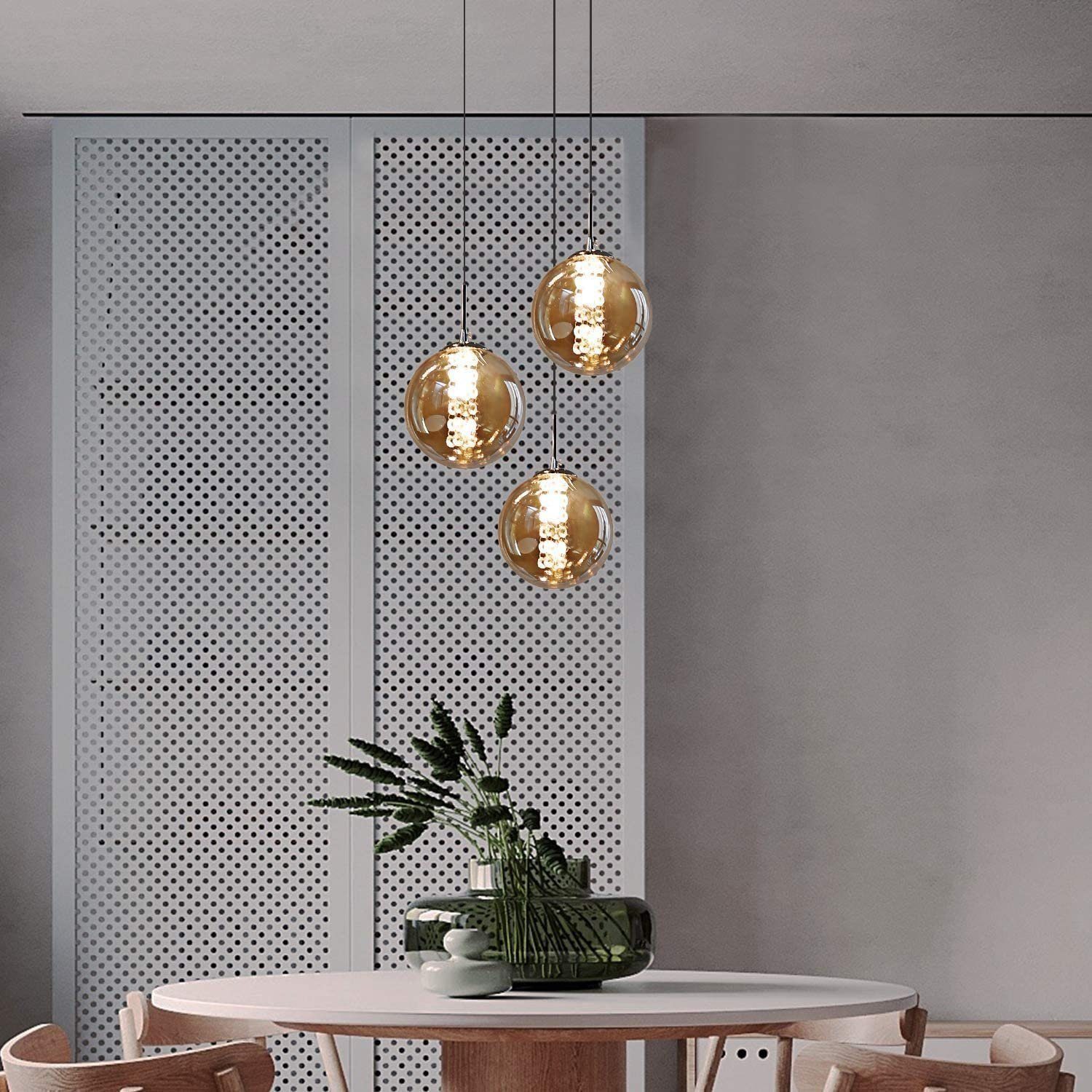 NETTLIFE Meripihkanvärinen lasinen riippuvalaisin, halkaisija 28 cm, G9, korkeussäädettävä kattokruunu, 3 meripihkanväristä lamppua