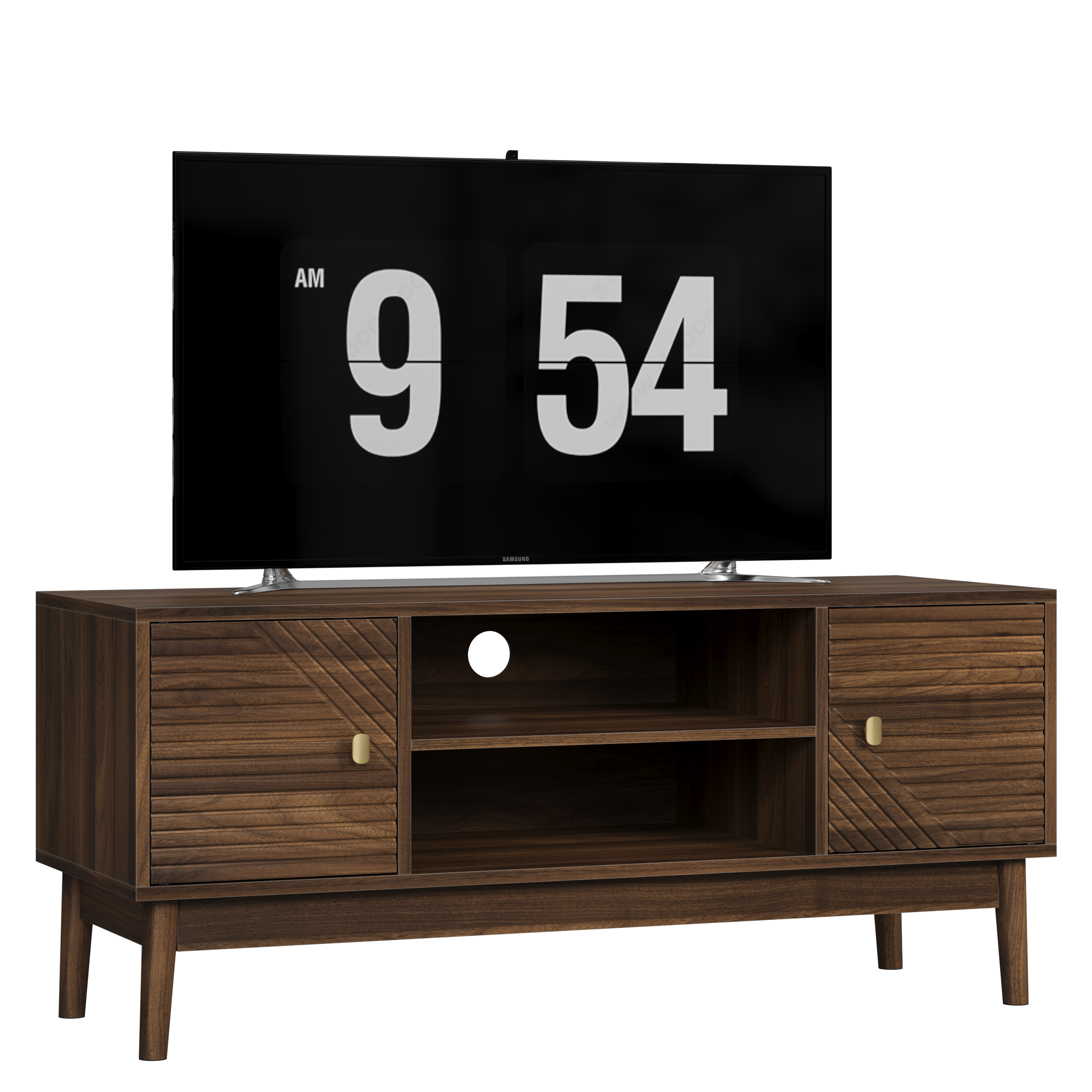 TV-taso 110x40x48 cm pähkinävärisenä MDF:stä säilytyksellä ja liukuovilla