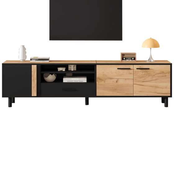 TV-taso 180x32.5x50 cm musta puuoptiikka lastulevy säilytyksellä ja liukuovilla