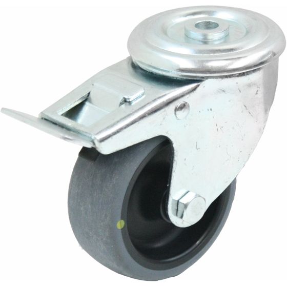 80 mm:n kääntyvä/jarrullinen pyörä, jossa on harmaa sähköä johtava termoplastinen kumi.