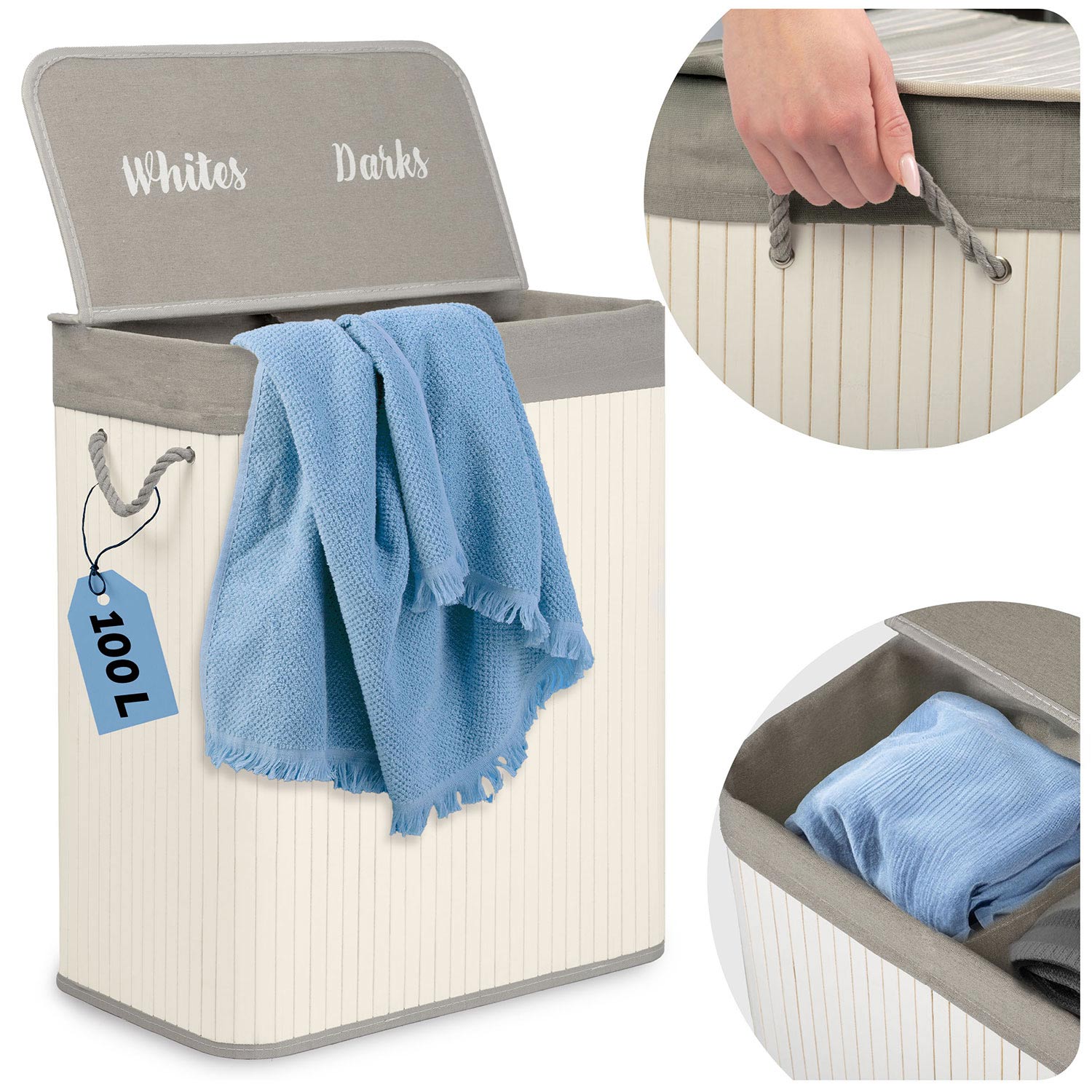 Massido 100L bambuinen pyykkikori kannella