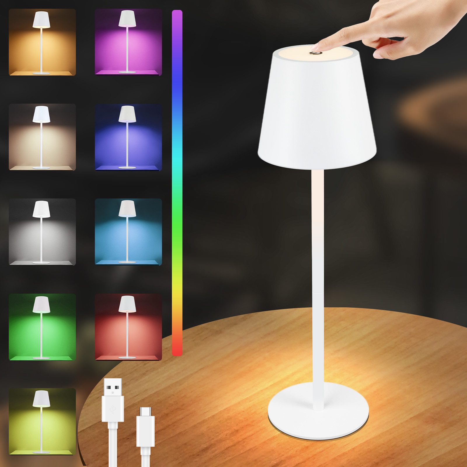 NETTLIFE langaton pöytävalaisin, ladattava LED-valaisin RGB-väreillä, kosketushimmennys, valkoinen, USB-akku 2600 mAh