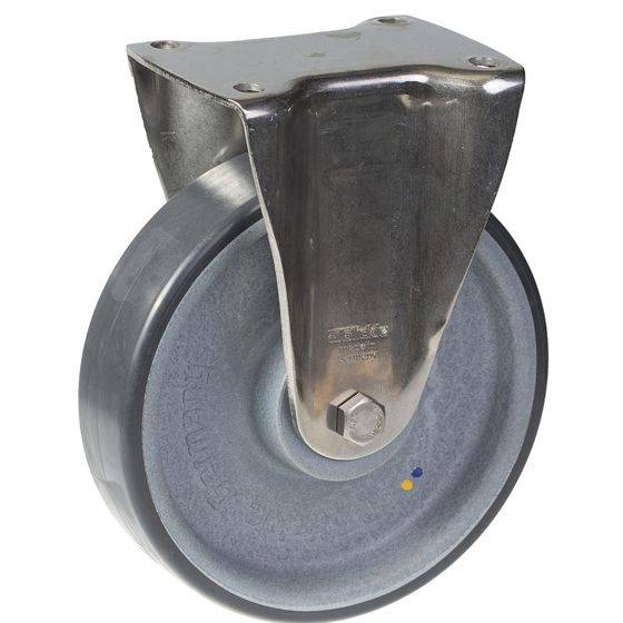 200 mm:n ruostumattomasta teräksestä valmistettu kiinteä pyörä, jossa on harmaa sähköä johtava kestomuovi.