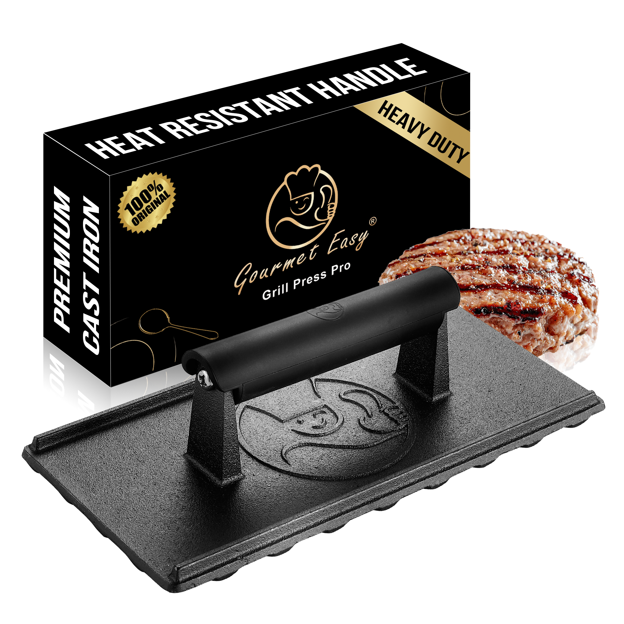 Gourmet Easy Grillipuristin lämmönkestävällä kahvalla, 3LBS valurautainen Smash Burger Press