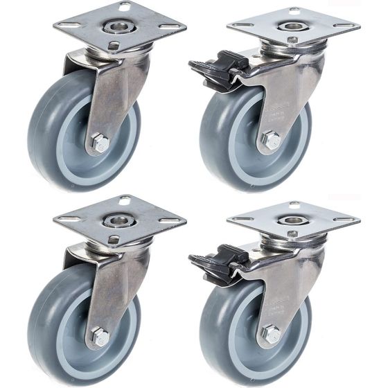 75mm 3" ruostumattomasta teräksestä valmistettu harmaa kumirooli, kääntyvä ja jarru, 240kg, 4 kpl:n sarja.