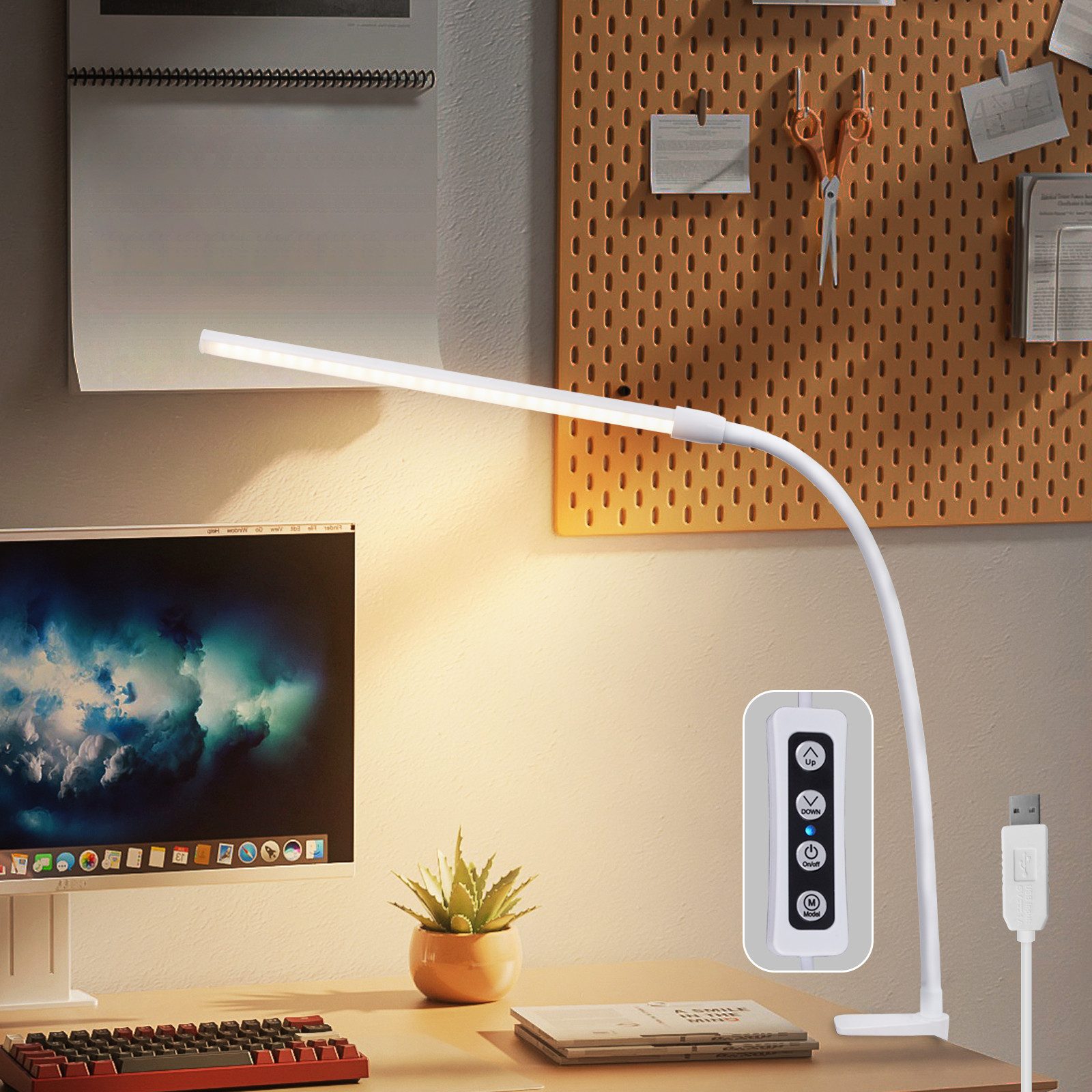 NETTLIFE LED-pöytävalaisin, päivänvalo, valkoinen, klipsikiinnitys, 3 värilämpötilaa, 5 kirkkaustasoa, USB, joustava, 5 W