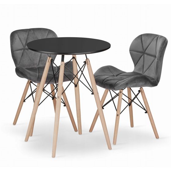 Pyöreä pöytä TODI 60 musta, 2 LAGO-tuolia harmaa