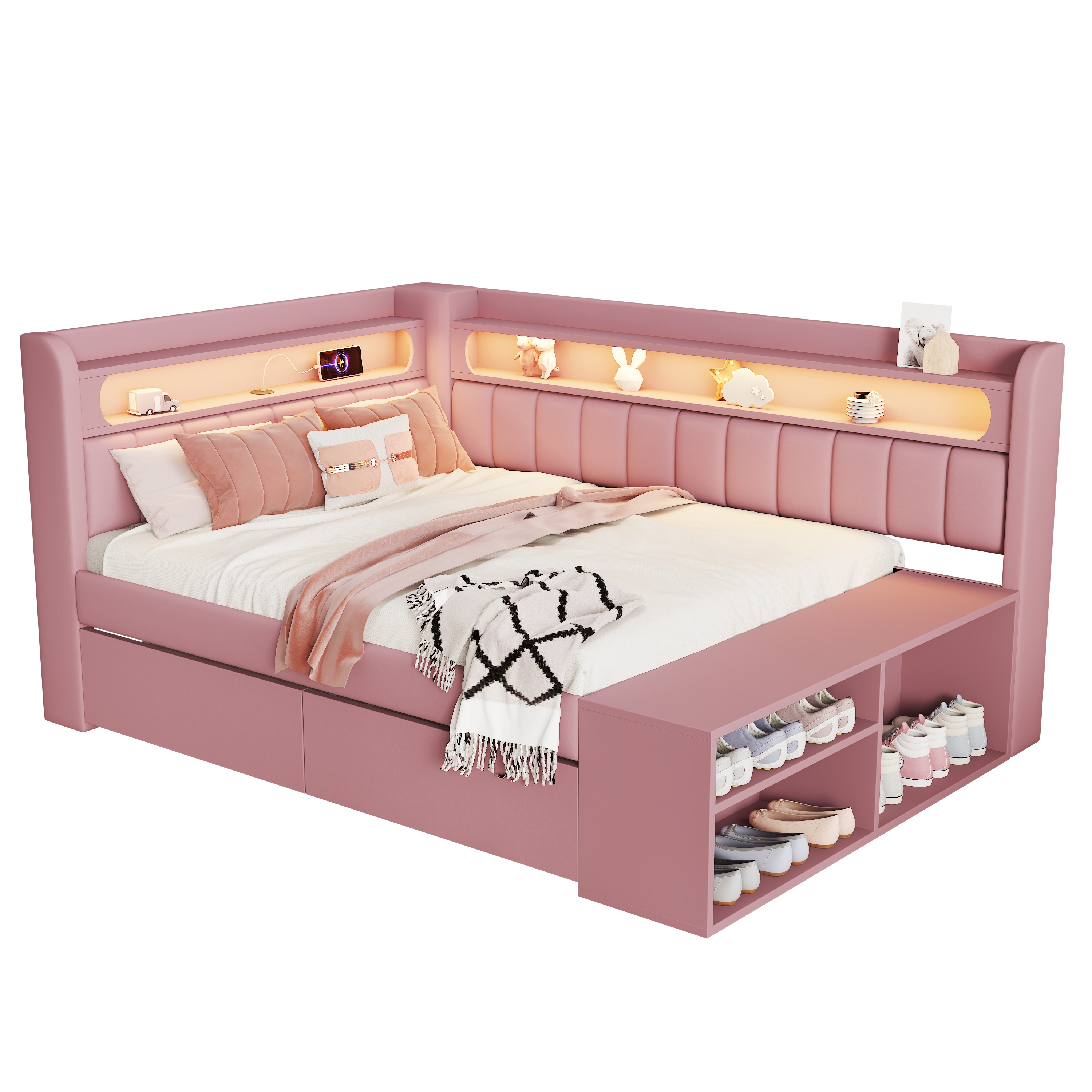 sänky 90x200 cm led-valaistus usb-liitäntä säilytystila laatikot ja kenkäkaappi pinkki mdf vaneri kangas