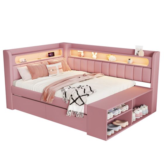 sänky 90x200 cm led-valaistus usb-liitäntä säilytystila laatikot ja kenkäkaappi pinkki mdf vaneri kangas