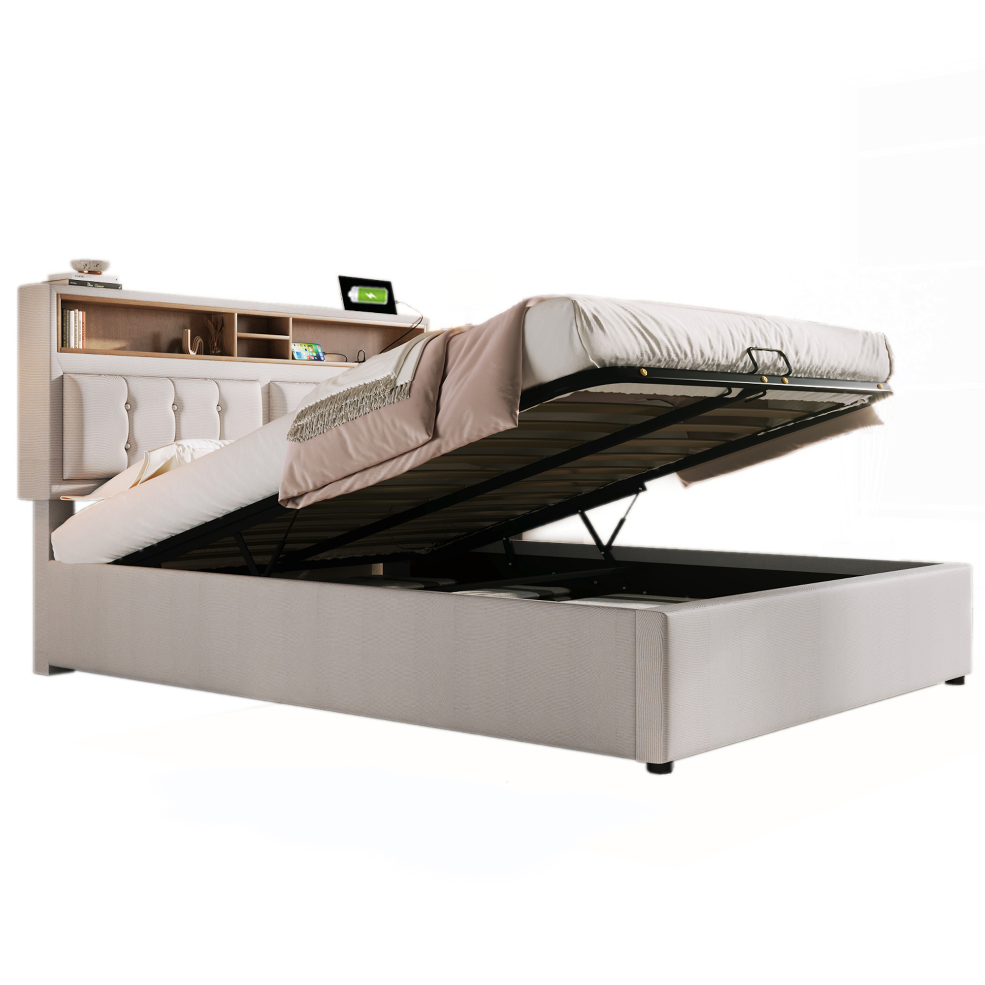 Verhoiltu parisänky, 160x200cm, USB C -latauspääty ja säilytystila, pellava